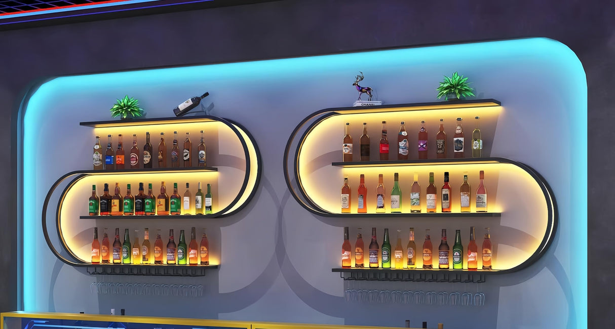 HFTUW 71 Inch Wall-Mounted Wine Rack with Led Light, 4-Tier Half Round Bar Shelves, Industrial Metal Display Storage Shelf & Wine Glass Hooks for Home Bar, Dining Room(Black-Yellow Led, 71in/180cm) HFTUW