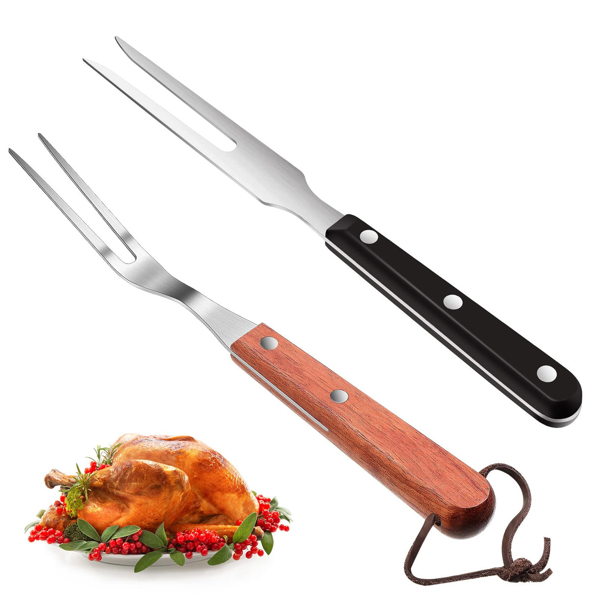 2 Pieces Meat Fork Stainless Steel Carving Fork with Wood Handle Cooking Fork BBQ Fork Grill Fork Steak Fork for Kitchen Barbecue Serving Cooking Grilling Roasting 10.5 Inches, Round Handle CHENGU