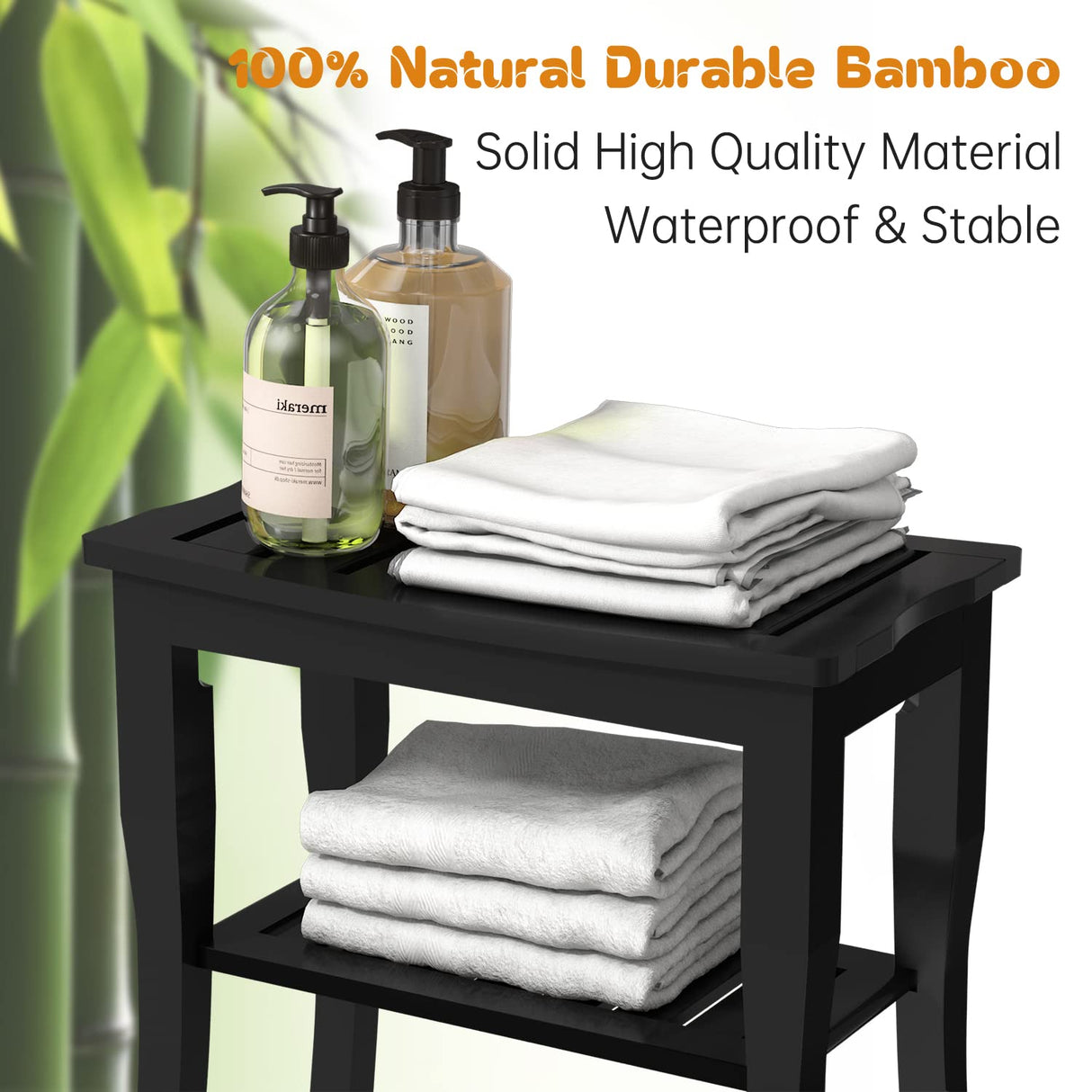 Bamboo Shower Bench & Stool Waterproof - Wood Shower Bench with Storage Shelf for Inside Shower(Black) Domax