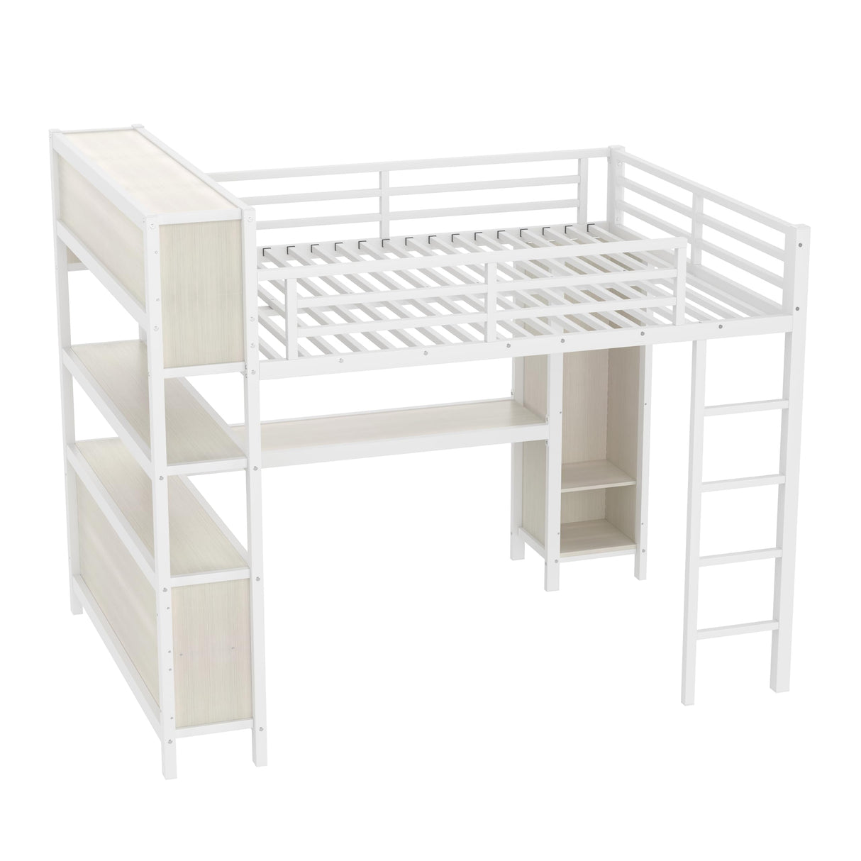 Bellemave Queen Loft Bed with Desk & Wardrobe, Heavy Duty Metal Loft Beds with Storage Shelves, Space Saving Loft Bed Queen Size with Safety Guard, White Wood Grain Bellemave