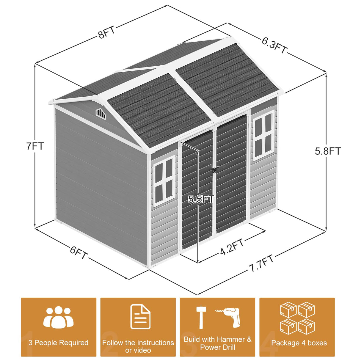 Outdoor Resin Storage Shed 8x6x7 FT Sheds Kit with Floor Included 2 Windows Double Lockable Door,Waterproof Outside Plastic Sheds for Backyard Garden Patio Lawn Tools WELYAS