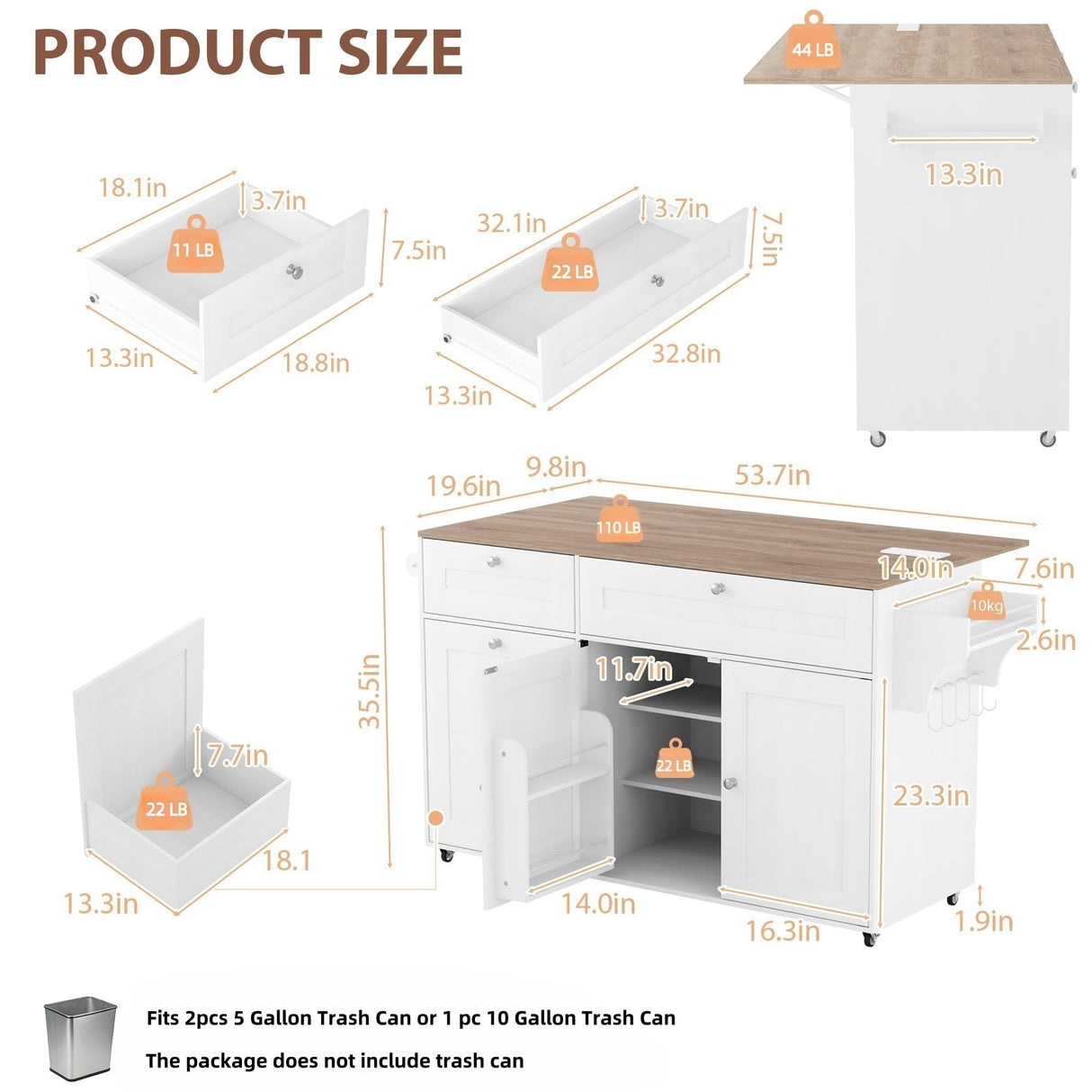 Kitchen Island on Wheels with Storage, Rolling Kitchen Islands with Drop Leaf&Power Outlet, Mobile Kitchen Island Cart with Trash Can Storage, Spice Rack, Towel Rack, Storages Cabinet ,Drawers SAHISTCT