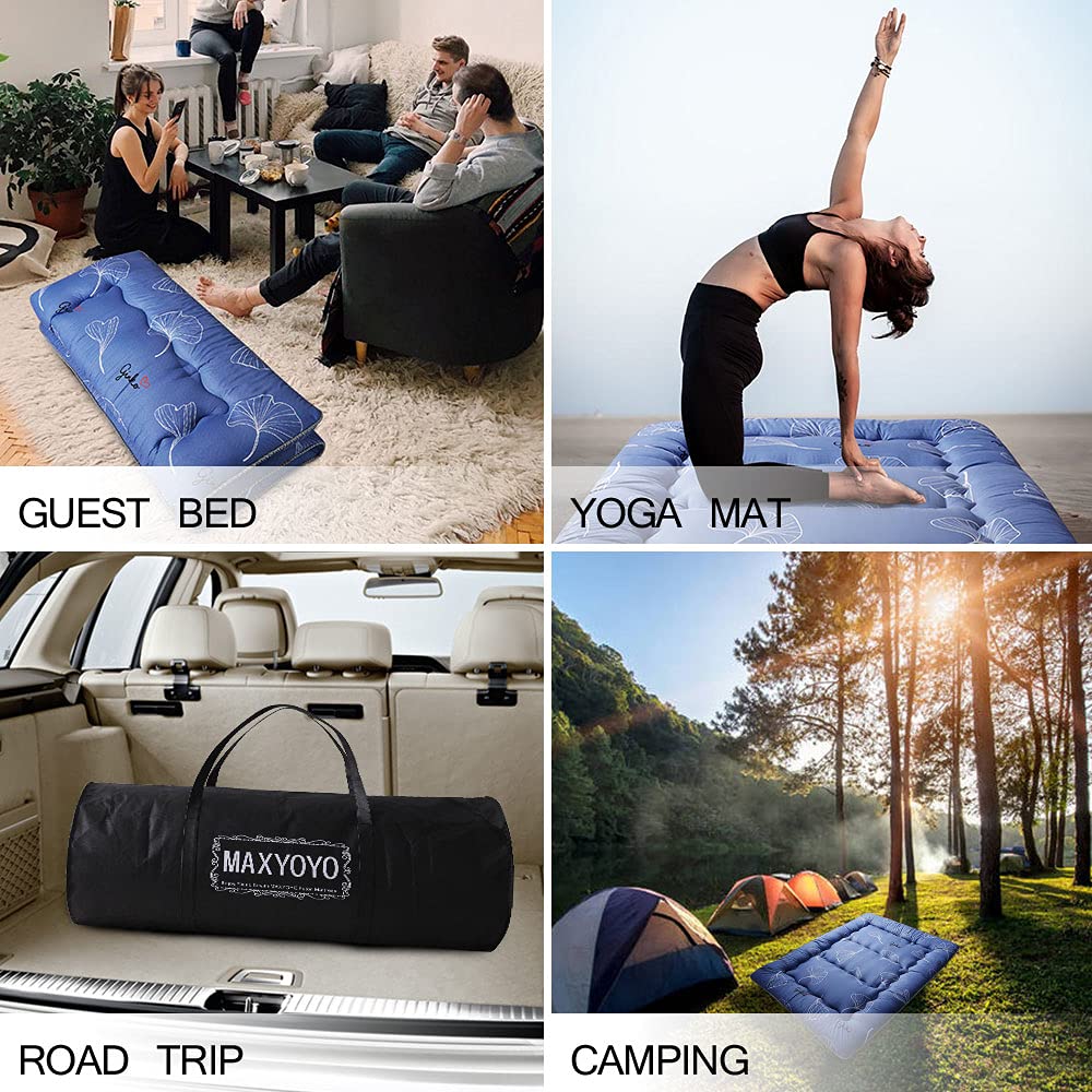 MAXYOYO Leaf Printed Japanese Floor Futon Mattress, Tatami Floor Mat Portable Camping Mattress Kids Sleeping Pad Foldable Roll Up Floor Lounger Couch Bed Queen Size MAXYOYO