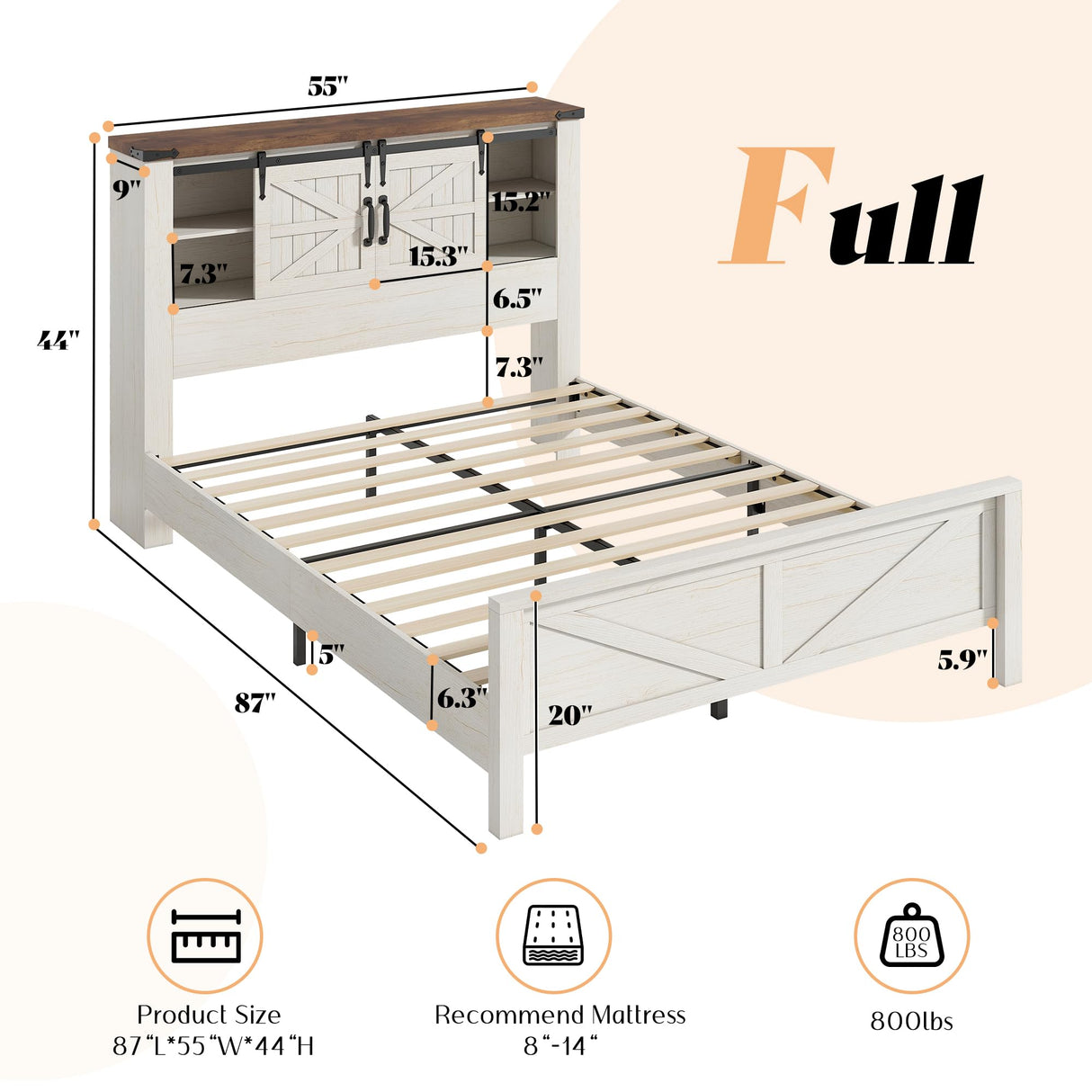 AMERLIFE Farmhouse Full Bed Frame, Rustic Wood Platform Bed Barn Door Storage Bookcase Headboard & Charging Station, Bedroom Furniture, No Box Spring Needed, Antique White AMERLIFE