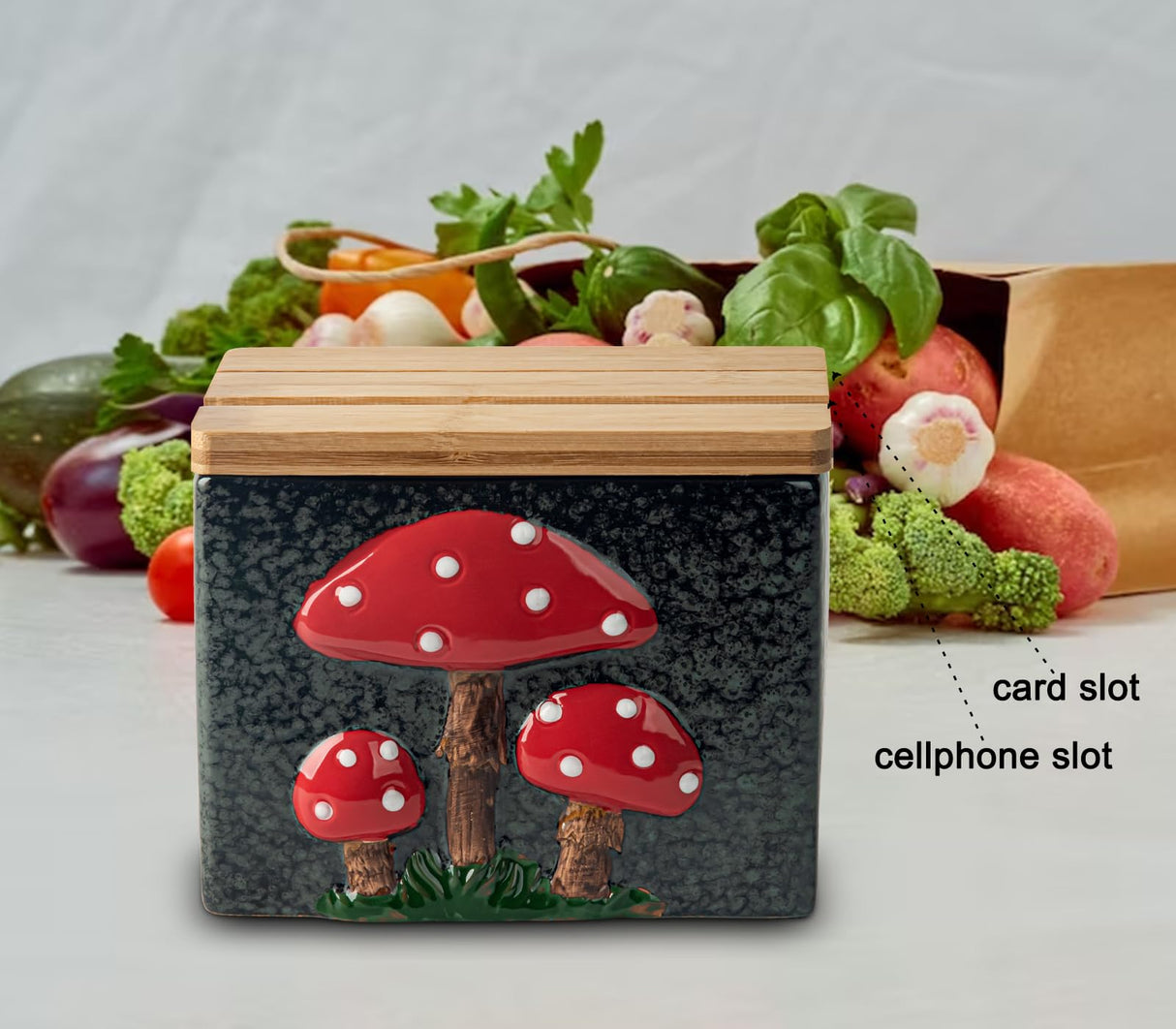 dgudgu Mushroom Recipe Box With Cards And Dividers Ceramic Recipe Card Box Cute Recipe Box And Cards Black Recipe Cards And Box Set With Bamboo Lid dgudgu