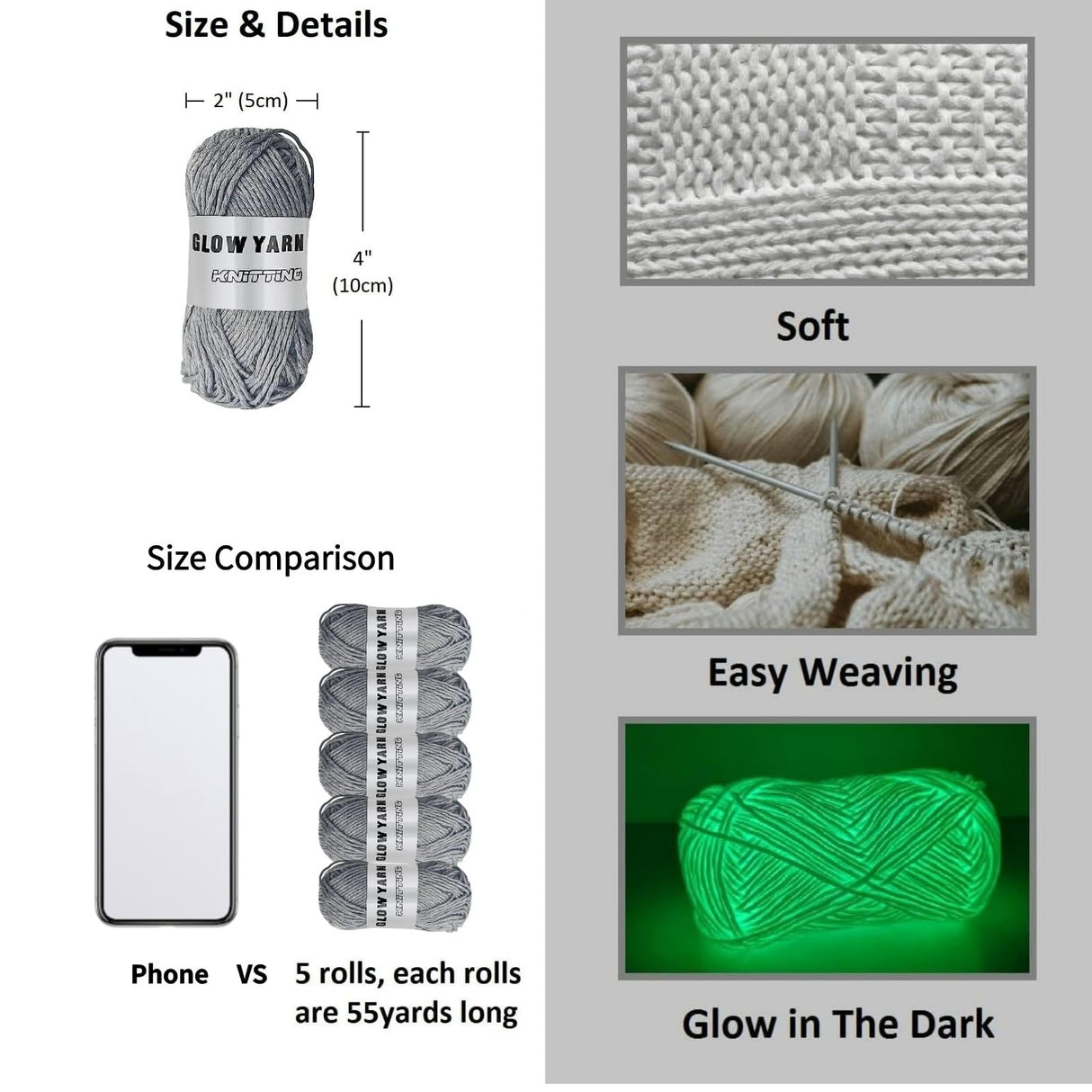 5 Rolls Glow in The Dark Yarn, 55 Yards Luminous Knitting Glowing Crochet Yarn for Crocheting, Sewing Supplies for Knitting DIY Crafts (Gray) Lmaray