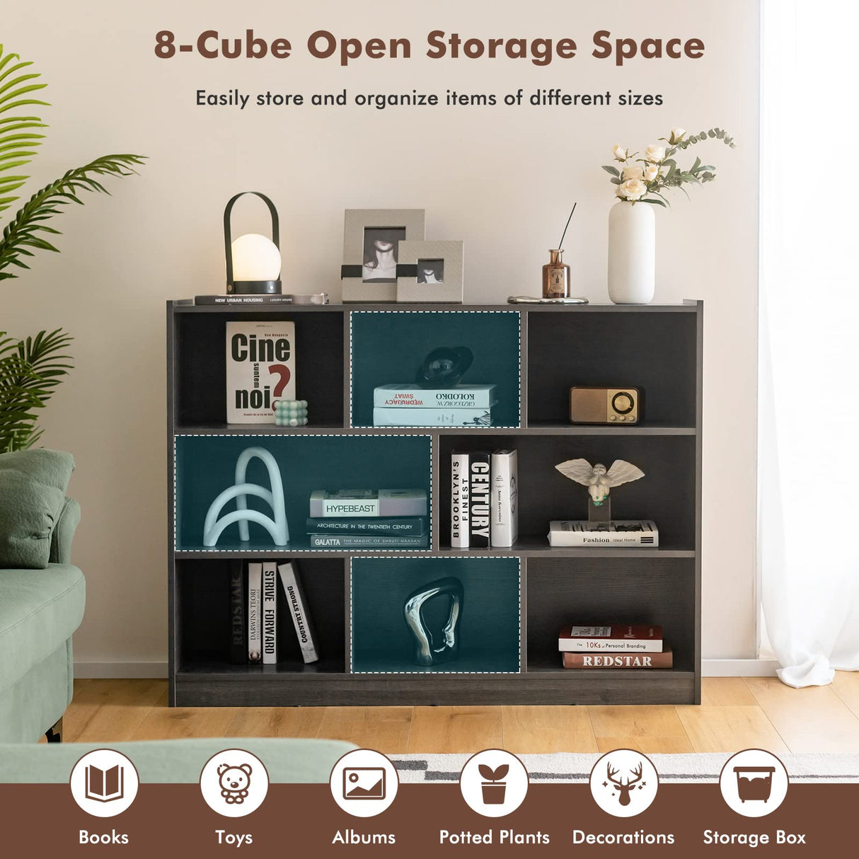 SILKYDRY 3-Tier Open Bookcase with 8 Cubes - Versatile Wooden Storage Cabinet in Grey SILKYDRY