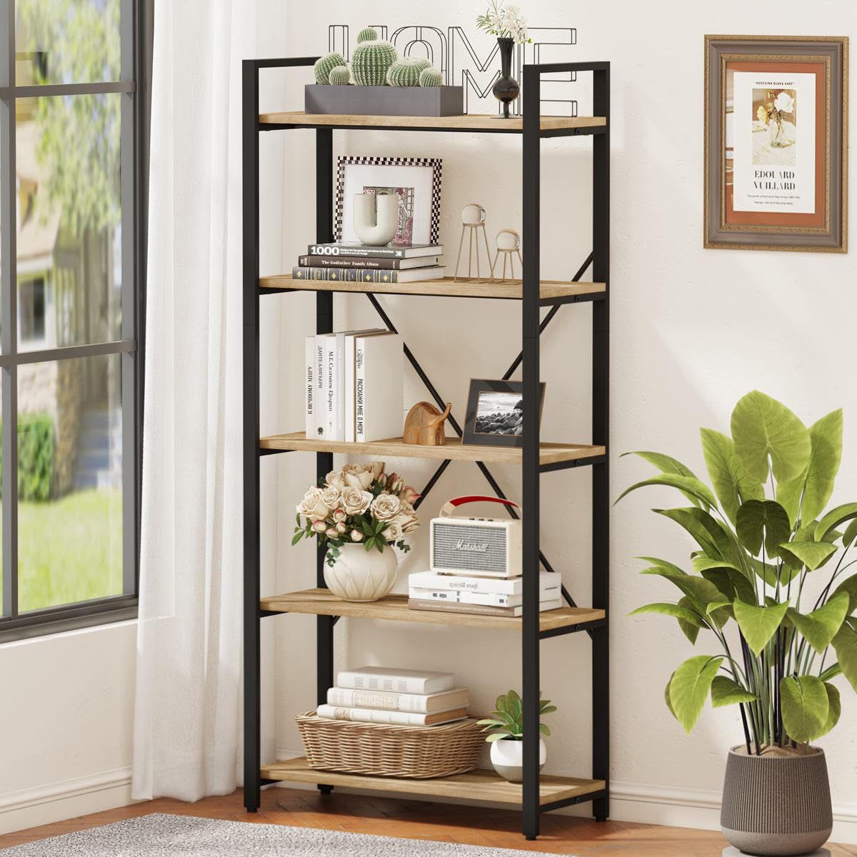 FATORRI 5-Tier Rustic Oak Industrial Bookshelf – Stylish Wood and Metal Etagere Bookcase FATORRI
