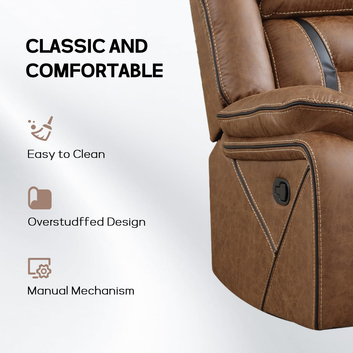 EBELLO Manual Recliner Chair, Faux Leather Single Reclining Sofa Chair with Overstuffed Armrest and Headrest, for Living Room, Bedroom Furniture, Meeting Room, Bright Brown EBELLO