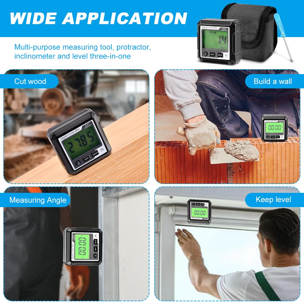Digital Level Angle Gauge, Converts Between Degrees, Digital Angle Finder Backlit LCD Digital Magnetic Protractor Inclinometer Level Box, Angle Finder Tool Protractor HKZTUY