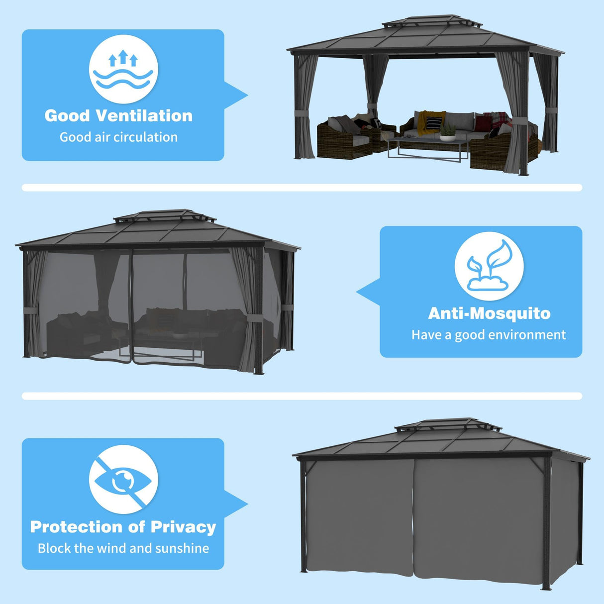 Yardenaler 12x16 FT Hardtop Gazebo Canopy with Double Polycarbonate Roof, Permanent Outdoor Pavilion with Curtain & Mesh Netting for Patio, Garden, Backyard, Gray Yardenaler