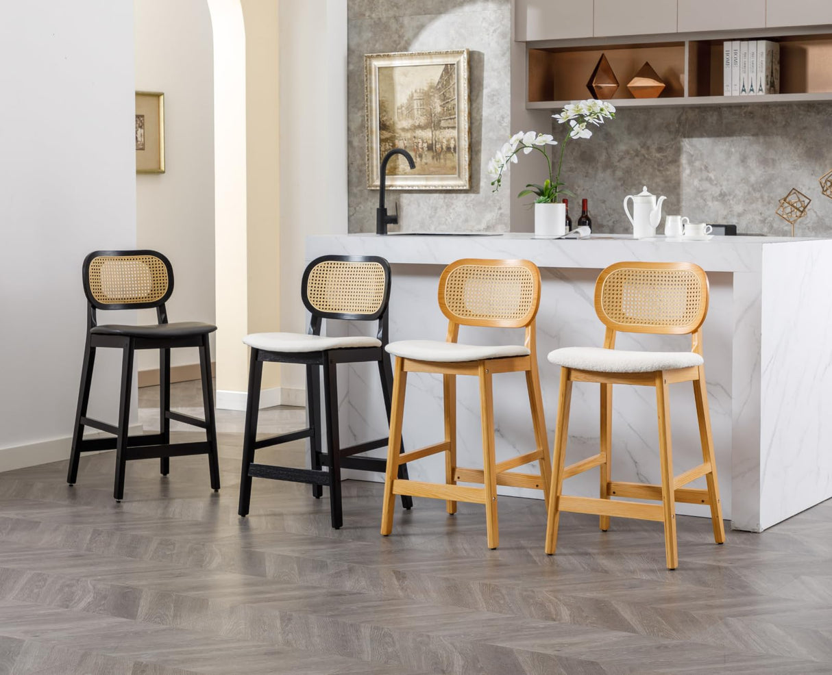 Shunzhi Rattan Counter Height Bar Stools Set of 4 Wood Farmhouse Barstools with Cane Back Boho Sherpa Kitchen Island Chairs Upholstered Bar Chairs for Pub/Home Bar, 26Inch, Cream Shunzhi