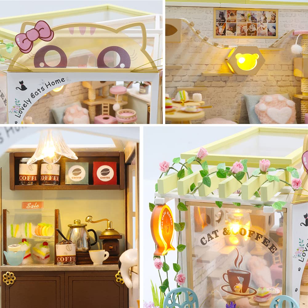 SYW DIY LED Lights Miniature Dollhouse Kit Cat Coffee Doll House Model Wooden Furniture for Christmas 's Day Creative Gifts with Dust Cover and Music (Cat Coffee Shop ) SYW