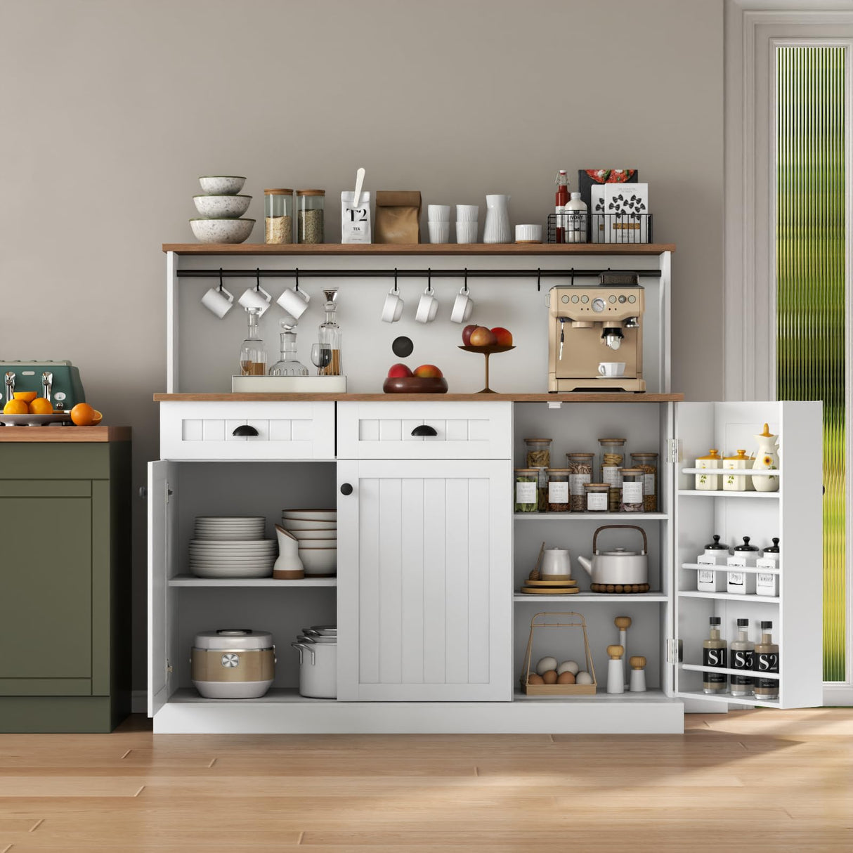 Gyfimoie Sideboard Buffet Cabinet with 2 Drawers, Farmhouse Kitchen Pantry with Adjustable Shelves, Coffee Bar Cupboard Cabinet with 3 Doors for Kitchen, Dining Room (White) Gyfimoie