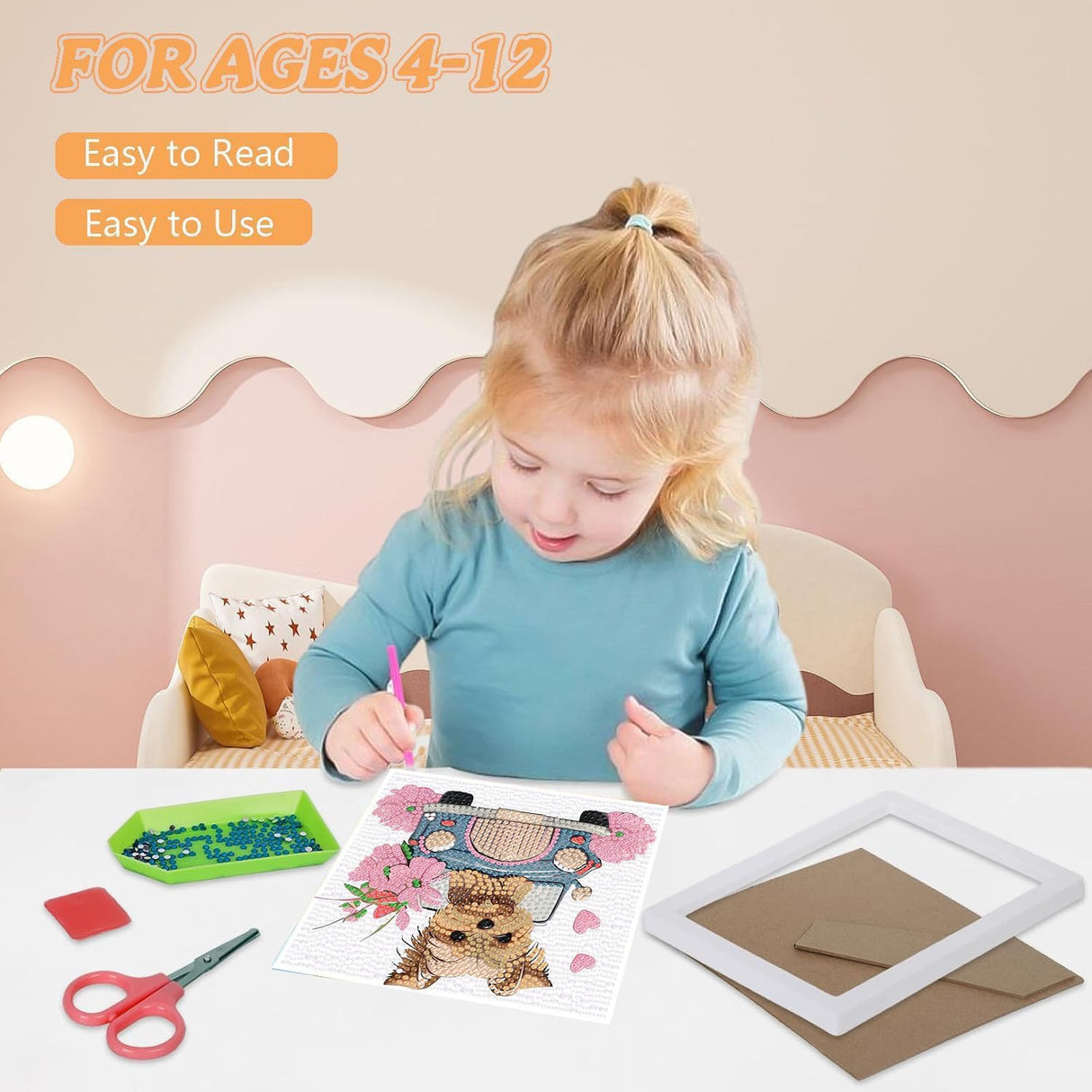 ajepon Dog Diamond Art Kits for Kids with Frame, Animal Diamond Art for Kids Ages 8-12, Dog Diamond Painting Kits for Kid with Beautiful Package for Gift Home Wall Decor (7x7inch) ajepon