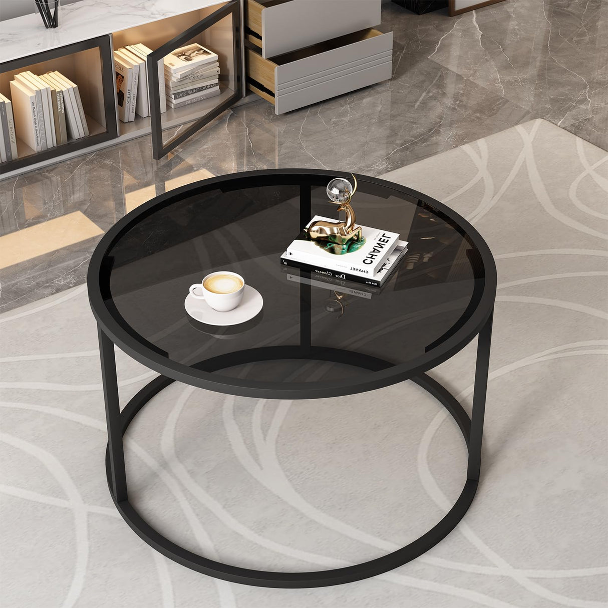 Glass Coffee Table Modern Center Table,Minimalist Round Coffee Tea Table,Tempered Glass-top with Sturdy Metal Frame for Living Room Bedroom Office and Small Space, 27 x 27 x 17 Inch,Gray Black Easy Paws