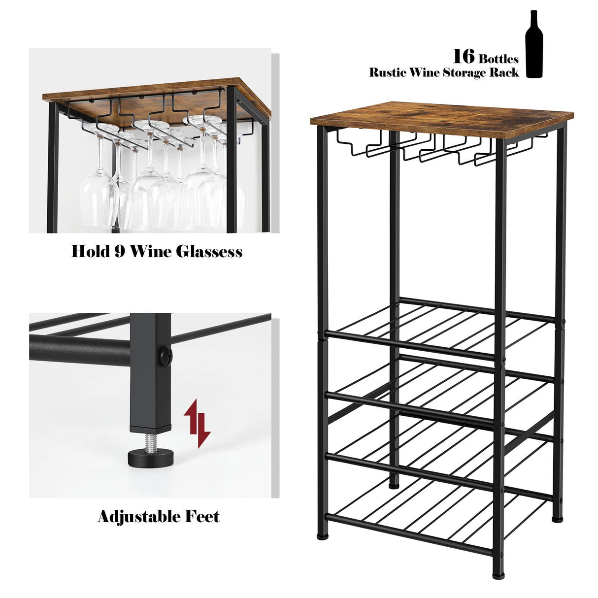 Wine Rack Freestanding Floor, Rustic Wine Holder Stand with Wine Storage and Bottle Shelf, 16 Bottles Floor Wine Rack Shelf for Kitchen Dining Room, Office, Bar, Rustic Brown OYEAL