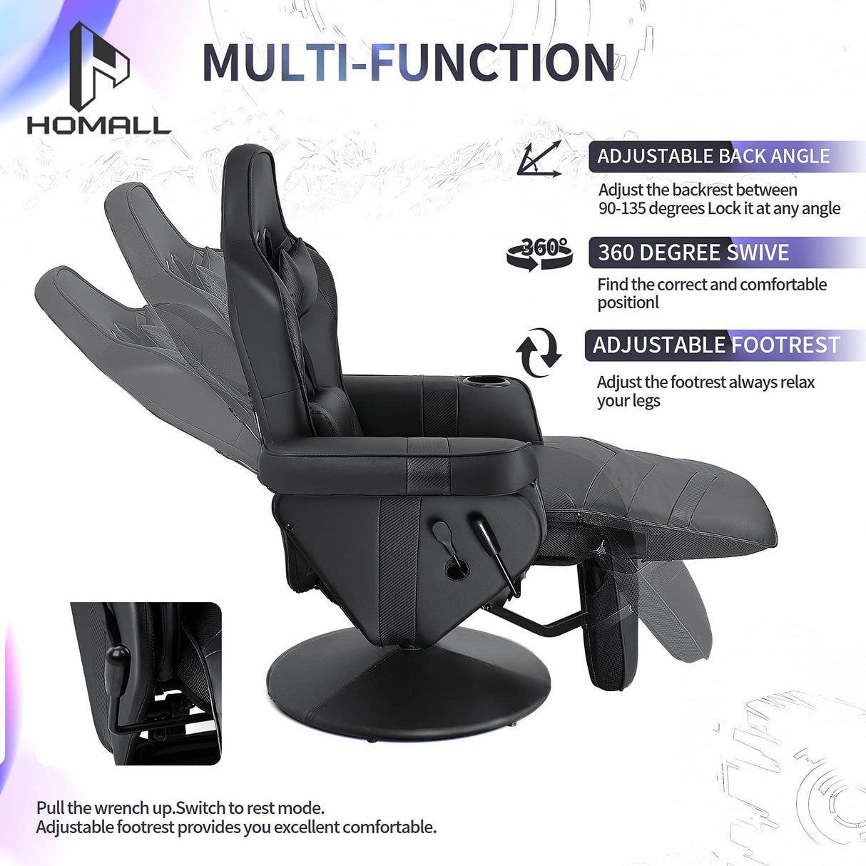 Homall Computer Racing Style Pu Leather Ergonomic Adjusted Reclining Video Gaming Single Sofa Chair with Footrest Headrest and Lumbar Support (Black) Homall