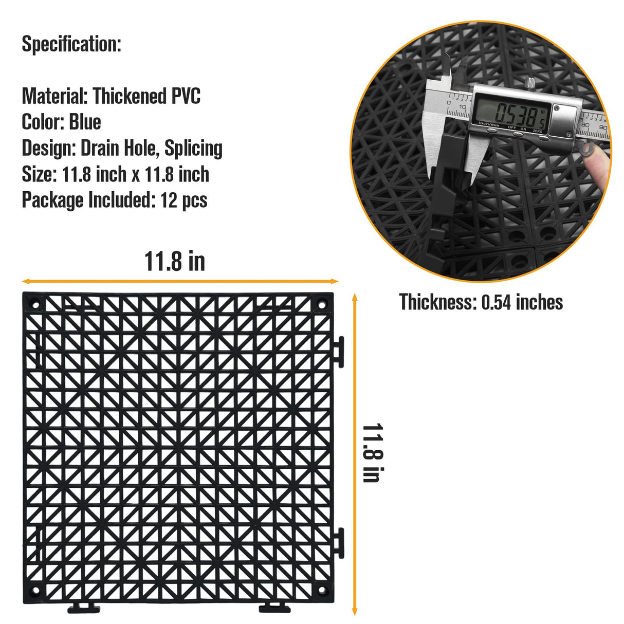 12 Pcs Drainage Mat Modular Interlocking Cushion 11.8" x 11.8" Interlocking Garage Floor Tiles Non-Slip Splicing Interlocking Rubber Floor Tiles for Drain, Deck, Pool, Outdoor/Indoor (Black) JOHAHTANG
