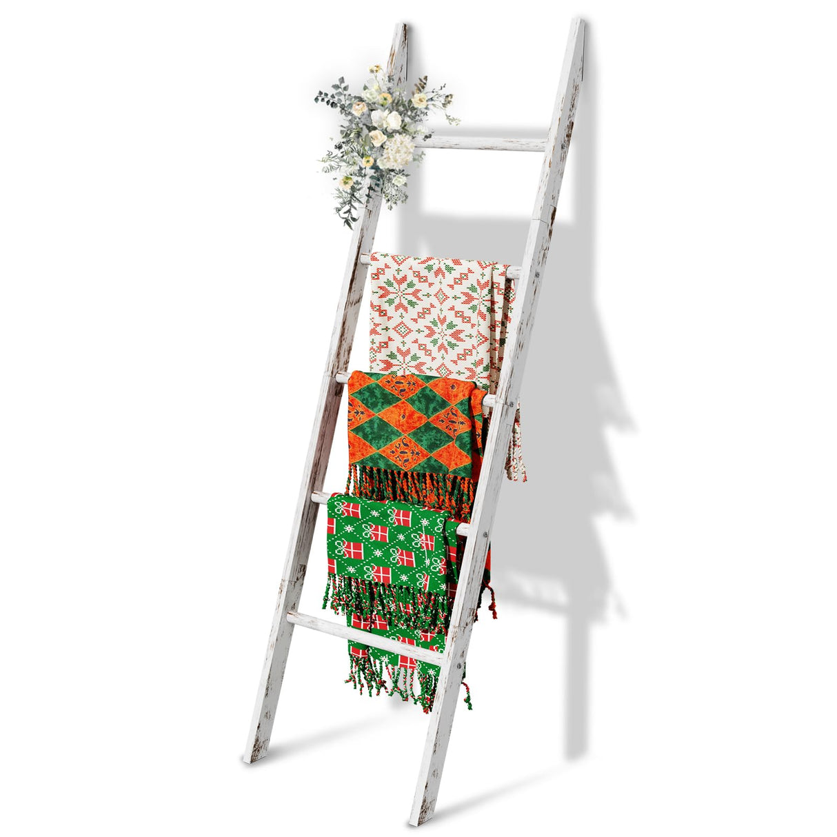 5-Tier Blanket Ladder Wooden, 5.3FT(63'') Blanket Quilt Holder Rack Decorative Ladder, Easy Assembly, Rustic Farmhouse Ladder Shelf for The Living Room Bedroom Bathroom Home Decor, White Wash Delywh