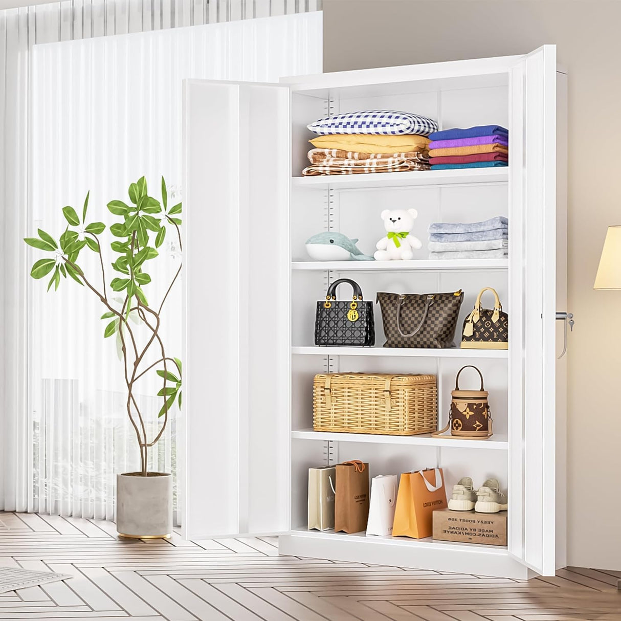 SUNCROWN Metal Storage Cabinets with Lock, Tool Cabinet, 72" Locking Steel Storage, Tall Locker Organizer Garage Cabinets with 2 Doors and 4 Shelves for Home,Office,Warehouse,Garage,School(White) SUNCROWN