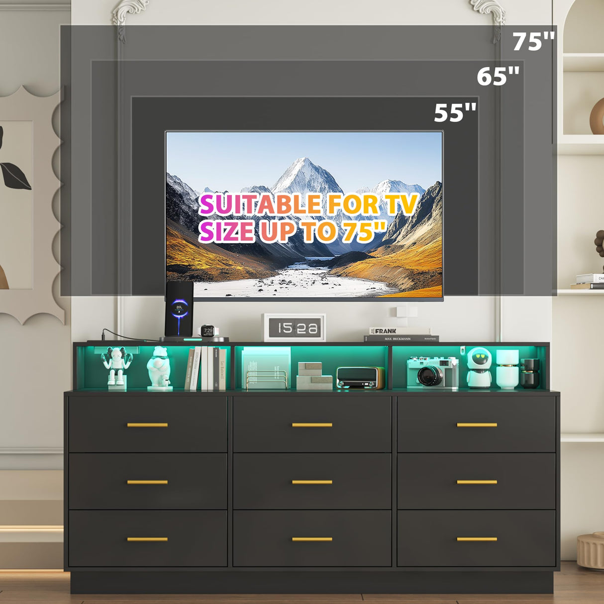 knoworld Black 9 Drawer Dressers for Bedroom, Modern Large Dresser with LED Light and Power Outlet, Wooden Long Dresser, Triple Dresser for Bedroom, Living Room, Entryway, Hallway knoworld