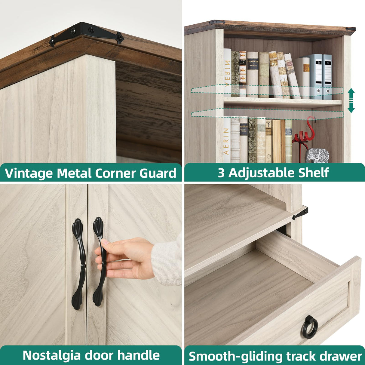 YITAHOME Farmhouse Bookcase with Doors and Drawers, 70" Tall Bookshelf with Storage Shelves, Standing Display Shelf Organizer Rack for Home Office, Living Room, White+Walnut YITAHOME