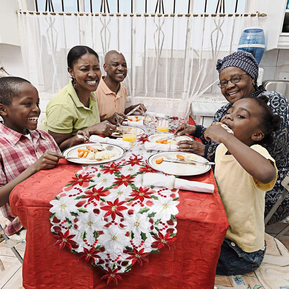 OurWarm Christmas Embroidered Table Runners Poinsettia Holly Leaf Table Linens for Christmas Decorations 15 x 70 Inch OurWarm