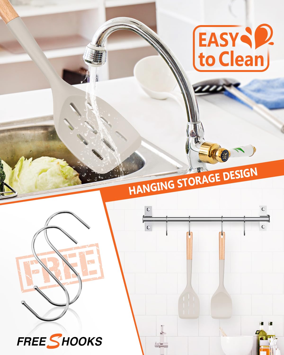 Pack of 2 Silicone Spatula, Non Stick Cooking Utensil Set Wooden Handle Kitchen Turner for Baking Mixing Grilling Serving Food Heat Resistant Non Scratch Hooks Included (Khaki) Badiano