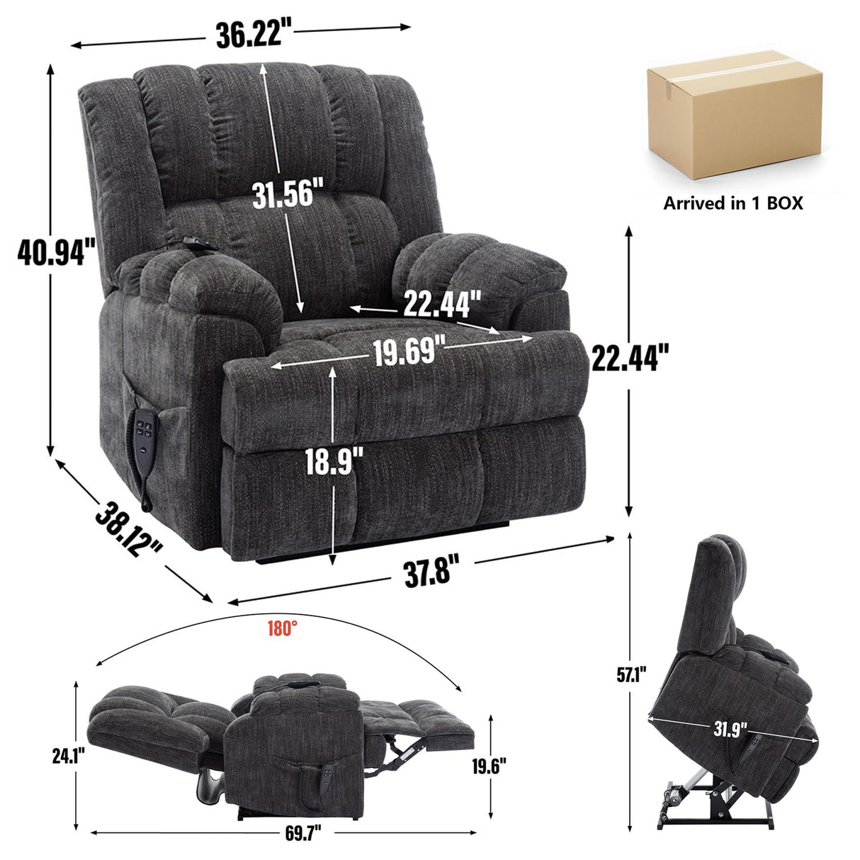 RHHVVR Power Lift Recliner Chair for Elderly, Oversized Chenille Electric Recliners Chairs for Living Room, Dual Motor 180° Lay Flat Recliner Big Sofa with Massage and Heating, Heavy-Duty, Grey RHHVVR