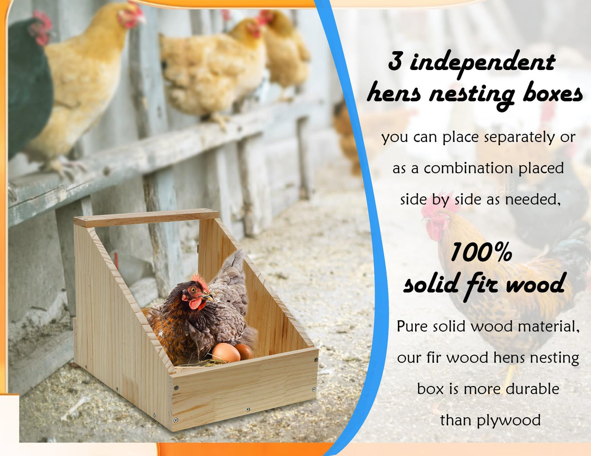 Hens Nesting Box, 3 Packs Single Compartment Solid Wood Chicken Nesting Boxes for UP to 15 Hens, Large Duty Laying Nest Box for Duck and Poultry (3 Packs) CSQOO