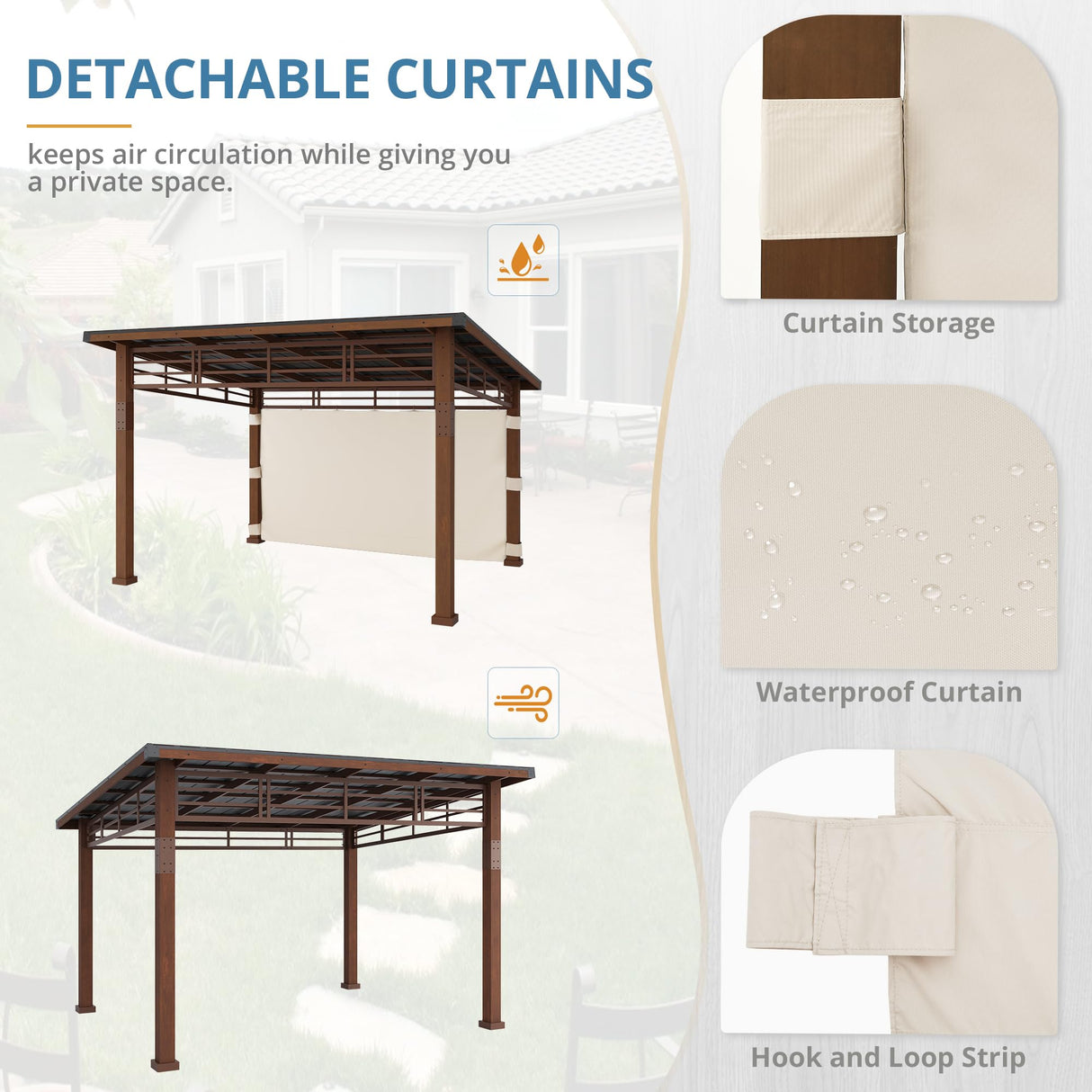 LUE BONA 12x14 Hardtop Gazebo, Outdoor Pergola Metal Roof Gazebo with Wooden Frame, Patio Gazebo Canopy with Curtains, Permanent Pavilion Grill Gazebo for Deck, Patio, Backyard, Garden LUE BONA