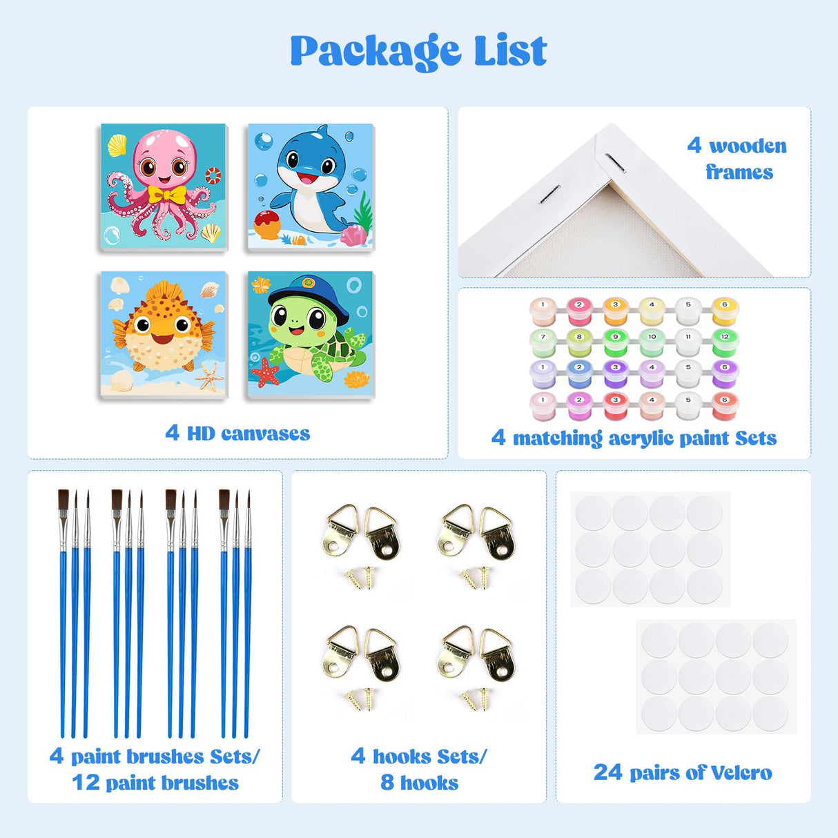 MXJSUA 4 Pack Cute Animals Paint by Numbers Kit with Framed Canvas for Ages 6-12 Kids, Turtle Paint by Numbers Kits for Children Beginners, Acrylic Oil Painting for Home Wall Decor Gift (8x8 inch) MXJSUA