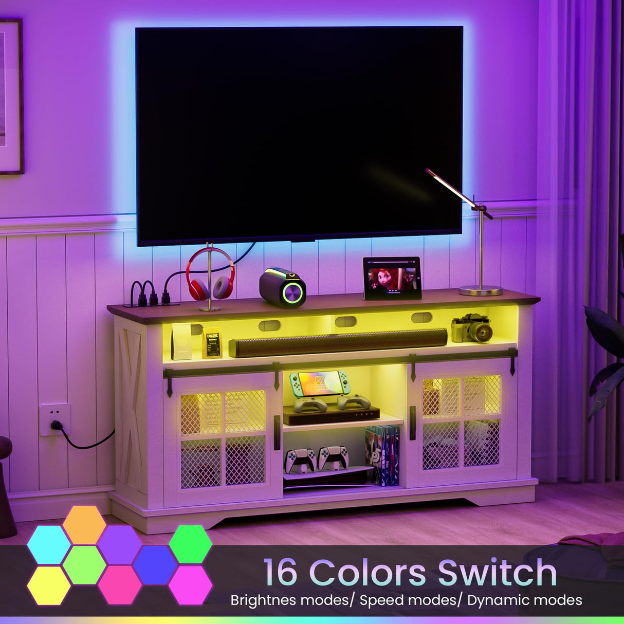 HAIOOU 63" Farmhouse TV Stand with LED Light & Power Outlets for TVs up to 70 Inches, 31.5" High Tallboy TV Console Stand Entertainment Center with Cross Design Sliding Barn Doors - White HAIOOU