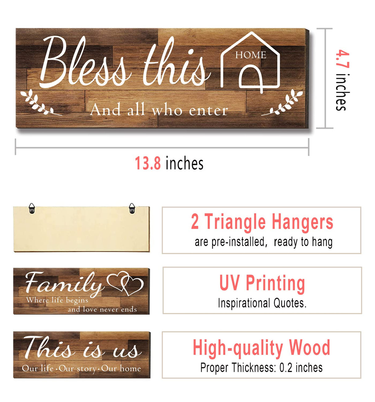 4 Pieces Home Wall Signs, THIS IS US/TOGETHER/BLESS THIS HOME/FAMILY Wall Decor For Living Room Bedroom, Rustic Wooden Farmhouse Wall Art , 4.7 x 13.8 Inch(Brown) Joyhawk
