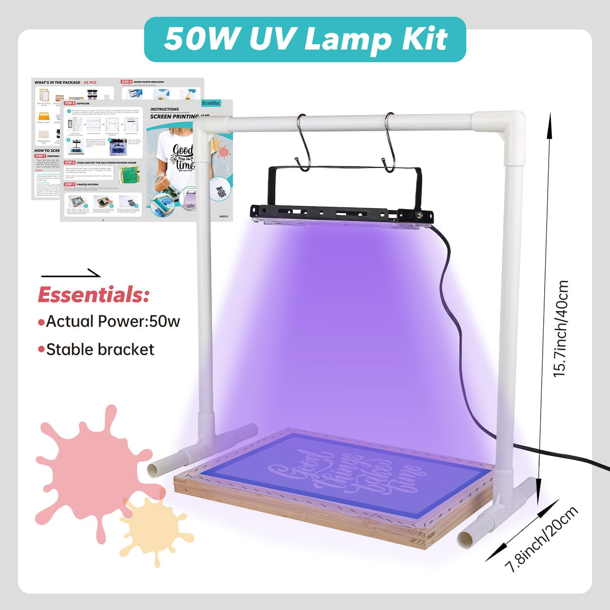 Ecoofor 47pcs All-in-One Set with 50W UV Exposure Lamp,2 Size Wood Screen Printing Frames, 4 Colors Screen Printing Ink, 10 A4 Size Inkjet Transparency Films Ecoofor
