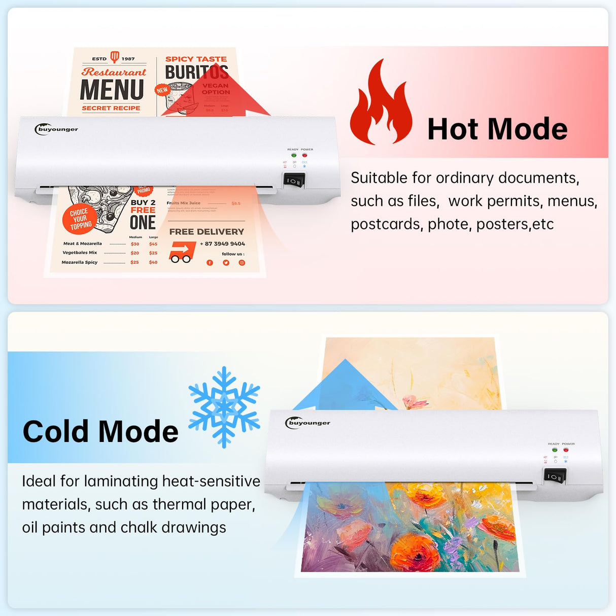 Buyounger Laminator Machine with 10 Laminating Sheets, 9 Inch Laminator Hot & Cold for A4/A5/A6, Thermal Laminating Machine for Home School Office Buyounger