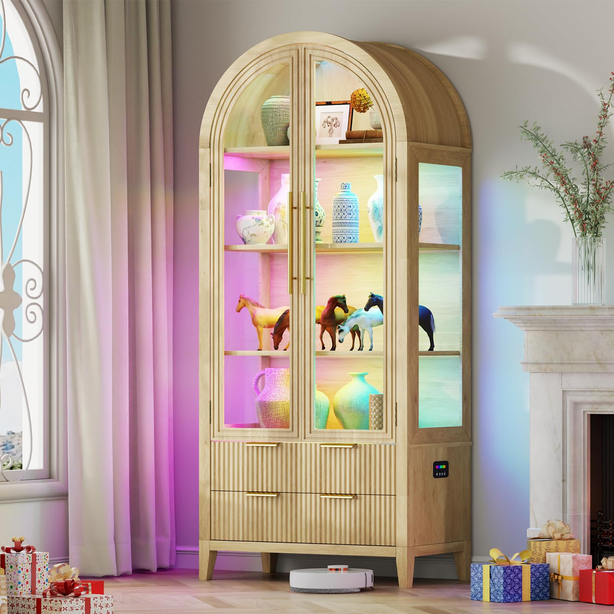 Vlsrka 71" Arched RGB Curio Cabinet with Glass Doors, 4-Shelves Tall Display Cabinet and 2 Drawers, LED Display Case with 20 Lights for Collectibles/Book/Medal/Figure, Wood Color Vlsrka