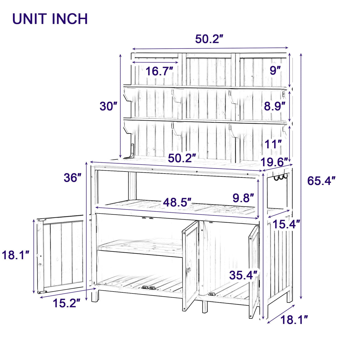 LZ LEISURE ZONE Potting Bench with Hutch, 50.2" Solid Fir Wood Garden Workstation with Large Countertop, 2 Shelves, 2 Cabinets and 3 Side Hooks, Outdoor Planting Table for Gardening, Green LZ LEISURE ZONE