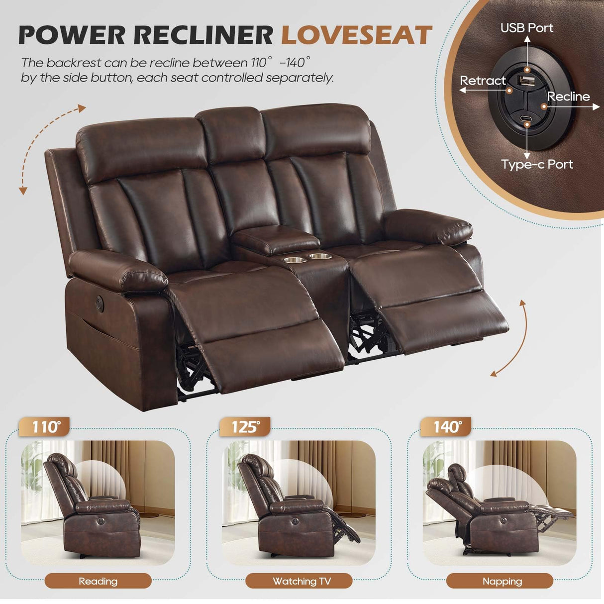 Consofa Power Reclining Loveseat with Console, Reclining Loveseat with Heat and Massage, Power Loveseat Recliner Sofa with Dual Ports, Cup Holders for Living Room, RV Sofa Consofa