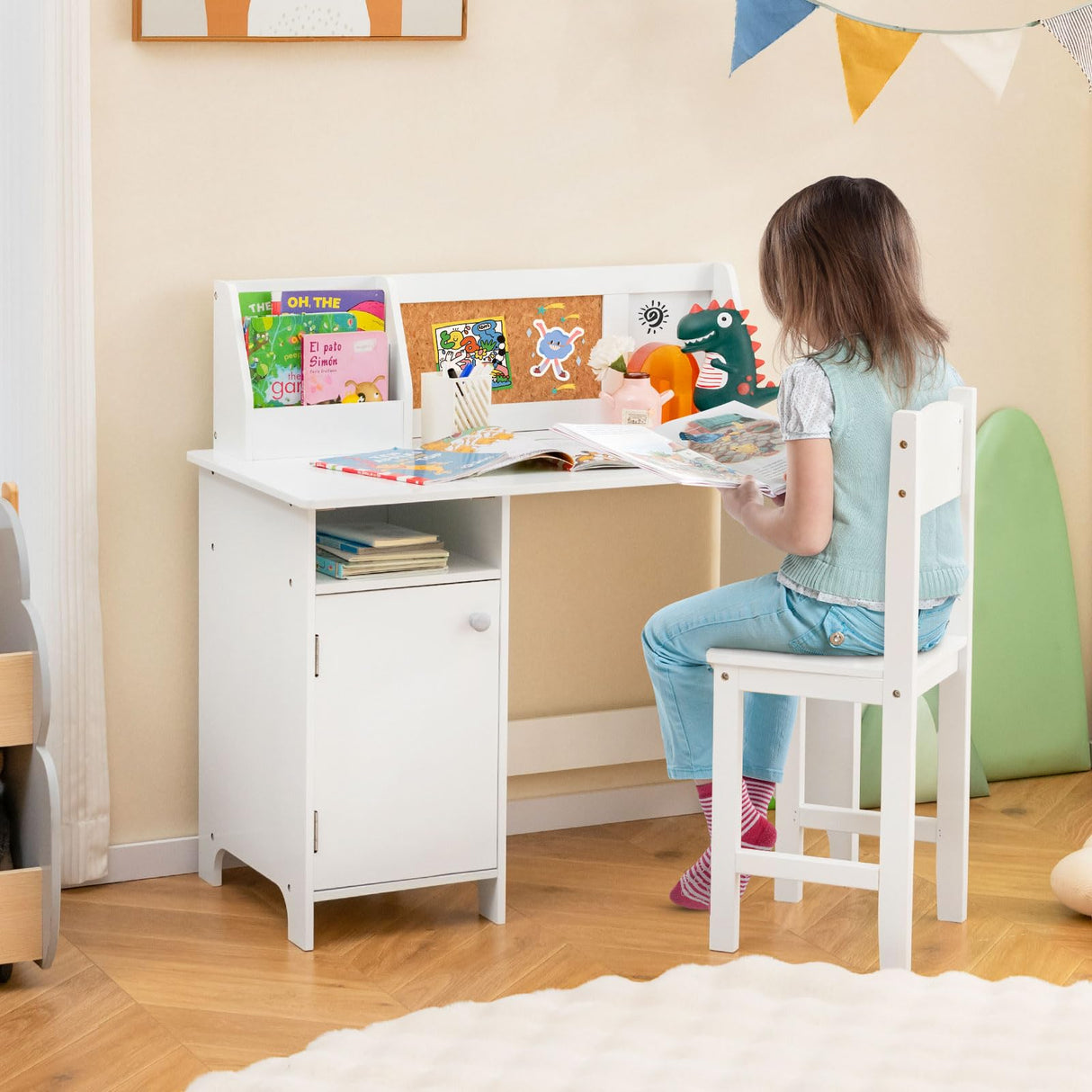 HONEY JOY Kids Desk and Chair Set, Wooden Children School Study Table and Chair w/Whiteboard, Hutch, Storage Shelves, Student Writing Desk Computer Workstation for Bedroom, 3+ Years Old (White) HONEY JOY
