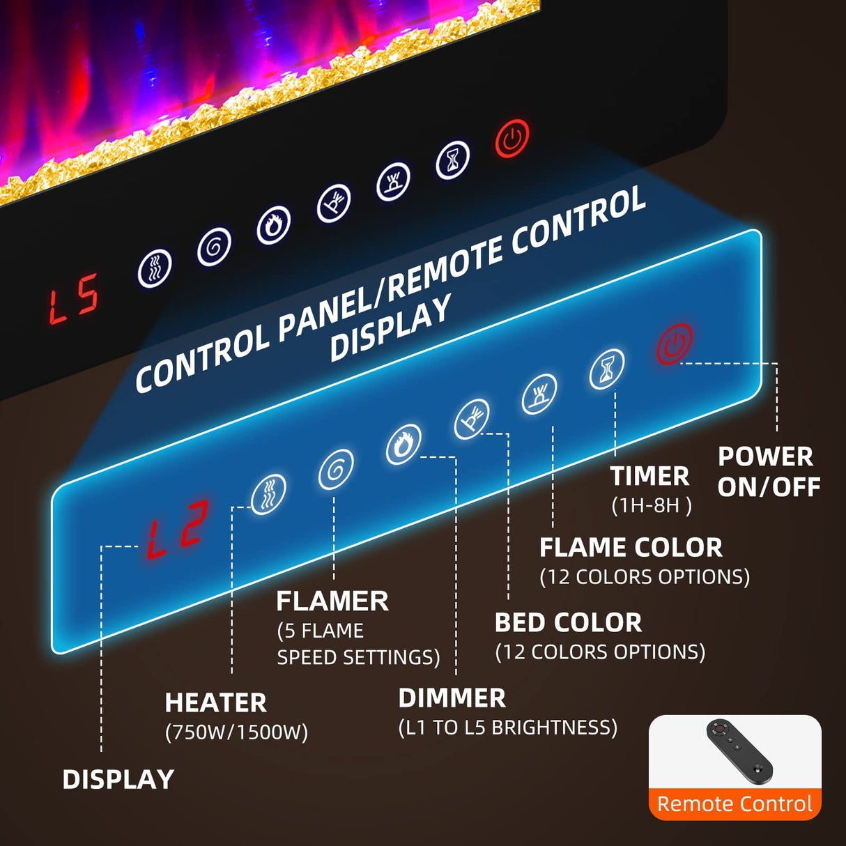 Zionheat 72 inches Electric Fireplace-Wall Fireplace for Living Room-Fireplace Freestanding/Inserts/Wall Mounted with Remote Control, Timer, Dimmer, 12 Flame Colors, 750/1500W, Ultra Thin Zionheat