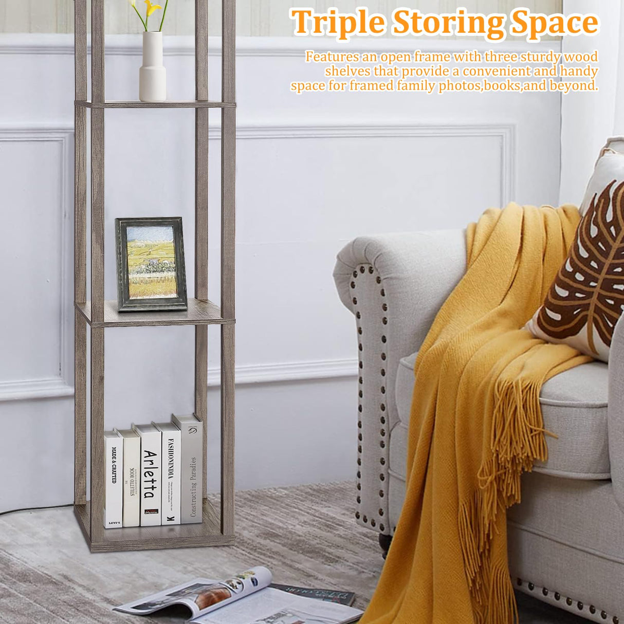 Floor Lamp with Shelves,Wood Corner Floor Lamps for living room tables with 3 CCT LED Bulb,Modern Display Bookshelf Nightstand Lamps,Column Standing Lamp for Bedroom Office Home Decor-Rustic Wood Dott Arts