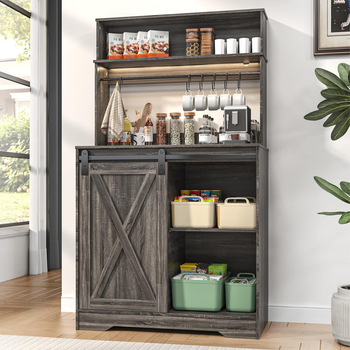 Linkriseed Farmhouse Coffee Bar Cabinet with LED Light, 55 Inch Bakers Rack with Storage, Large Coffee Bar Hutch with 6 Hooks and Sliding Barn Door for Living Dining Room, Dark Gray Linkriseed
