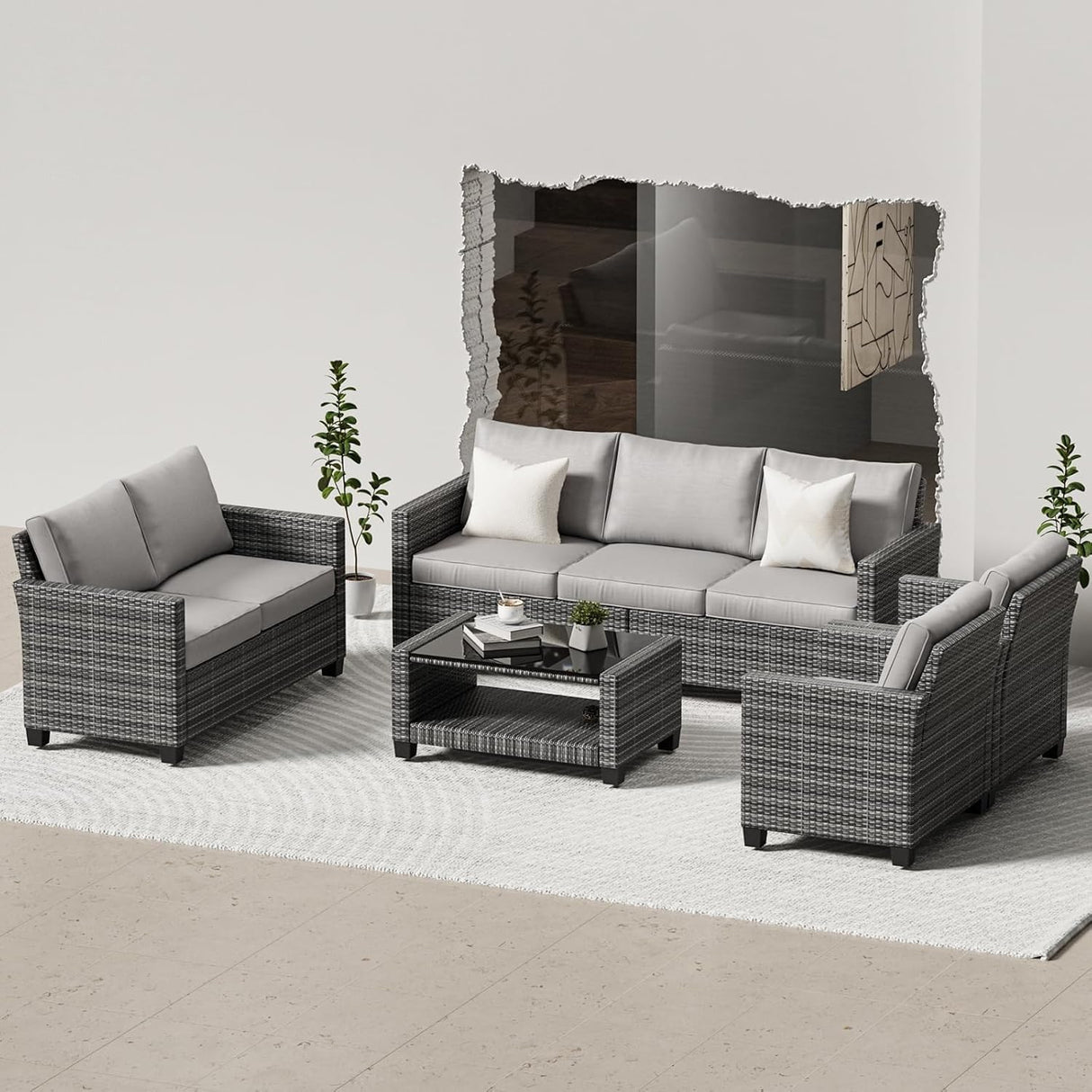Patio Furniture Sets 6 Pieces, PE Wicker Modern Patio Conversation Set with Storage Cushions for Poolside, Deck, Balcony, Grey + Earthy Grey GAOMON