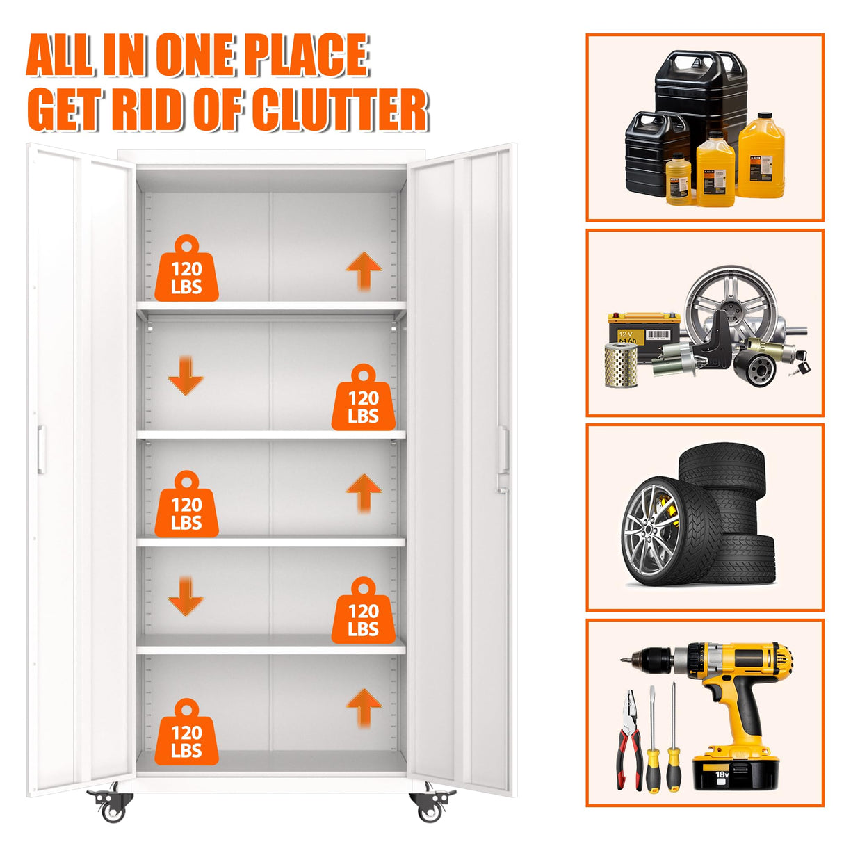 Aobabo 73" H 2 Door Metal Storage Cabinet on Wheels,Lockable Steel Rolling Garage Storage Cabinet with 4 Adjustable Shelves,White, Assembly Required Aobabo