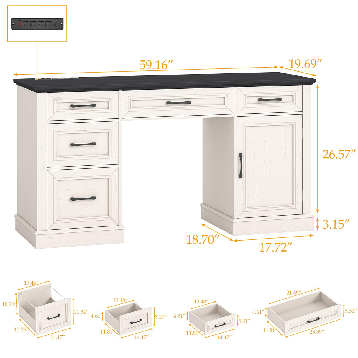 Farmhouse 59'' Executive Desk with Charging Station,Office Desks Computer Desk with 5 Drawers, Wood Workstation for Home Office and Study, File Drawers and Storage Cabinet, Black Vabches