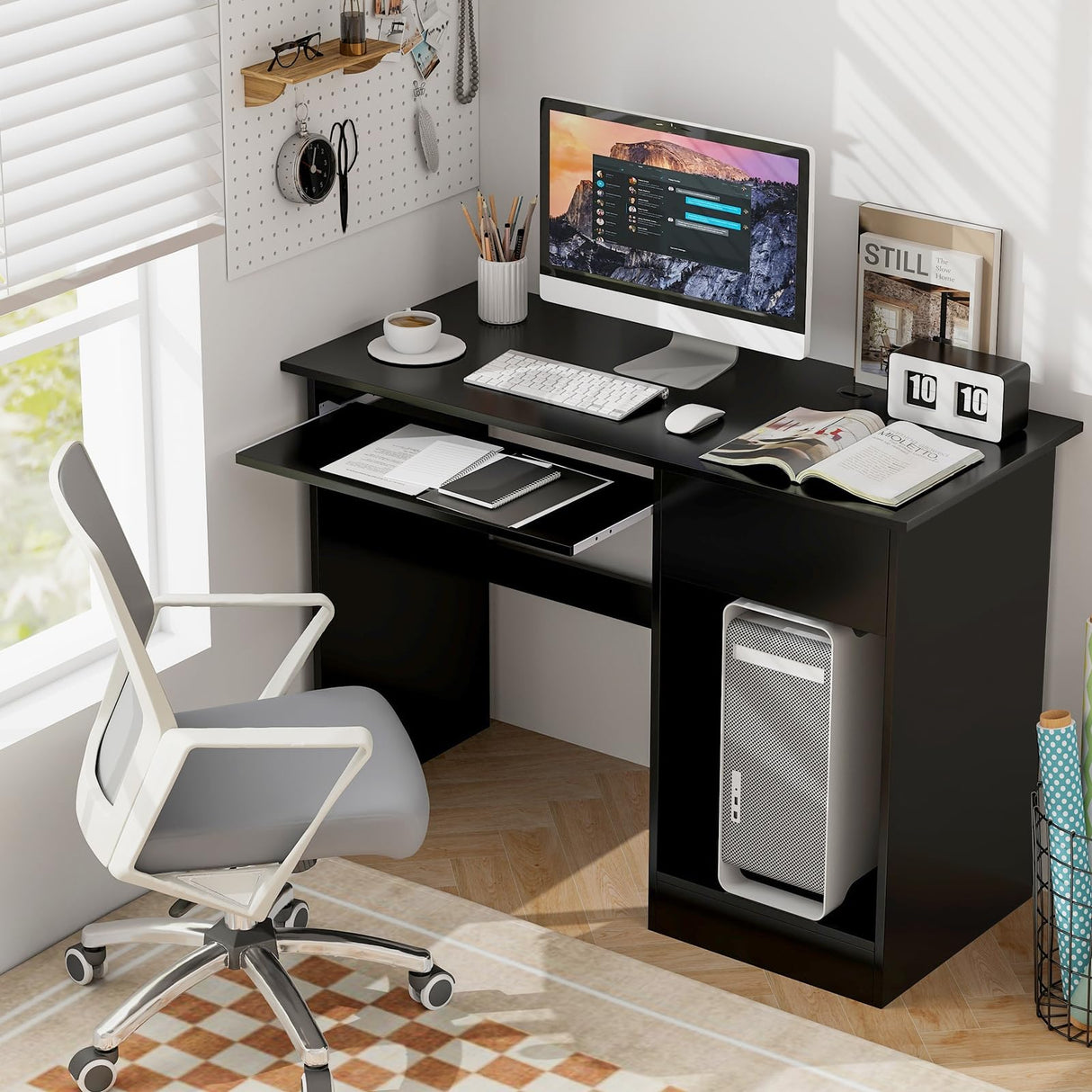 Tangkula Black Desk with Drawer, Wooden Computer Desk with Pull-Out Keyboard Tray & Adjustable Storage Shelves, Modern Laptop PC Desk with CPU Stand, Writing Study Desk for Bedroom (Black) Tangkula