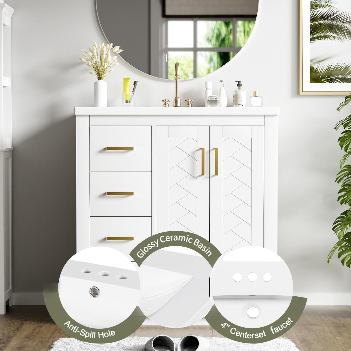 Virubi 30 Inch Bathroom Vanity with Ceramic Sink, Modern Bathroom Storage Cabinet with 3 Drawers and 2 Doors, Freestanding Bathroom Vanities, Soft Closing, Solid Wood Frame Virubi