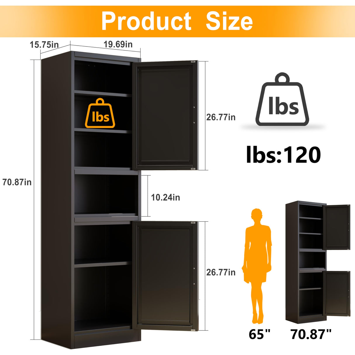 Ckzbx 70.87" H Metal Narrow Pantry Storage Cabinet Tall Steel Bathroom Cabinet,4 Adjustable Shelves for Kitchen, Home Office, Living Room, Dinning Room (Black) Ckzbx